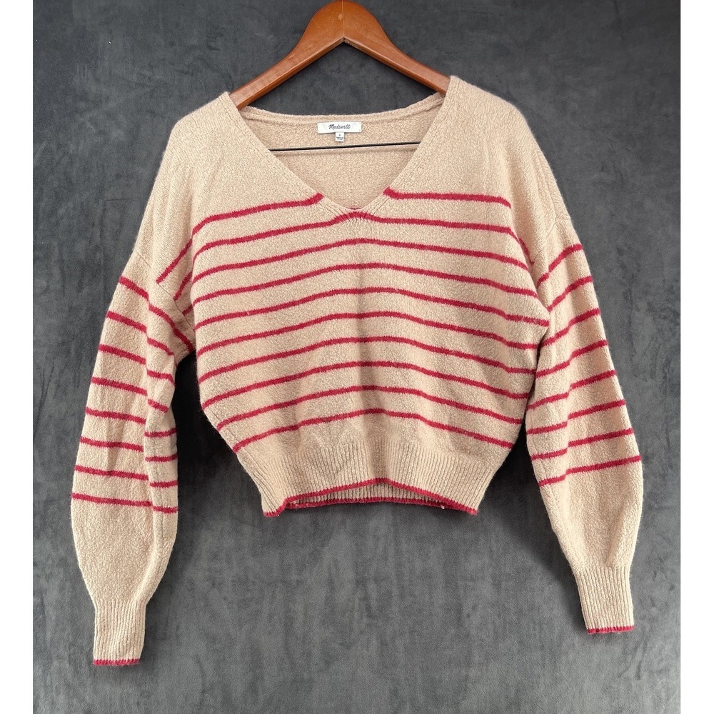 Madewell Womens Size S Cropped Striped V-Neck Sweater Merino Wool Blend Pink